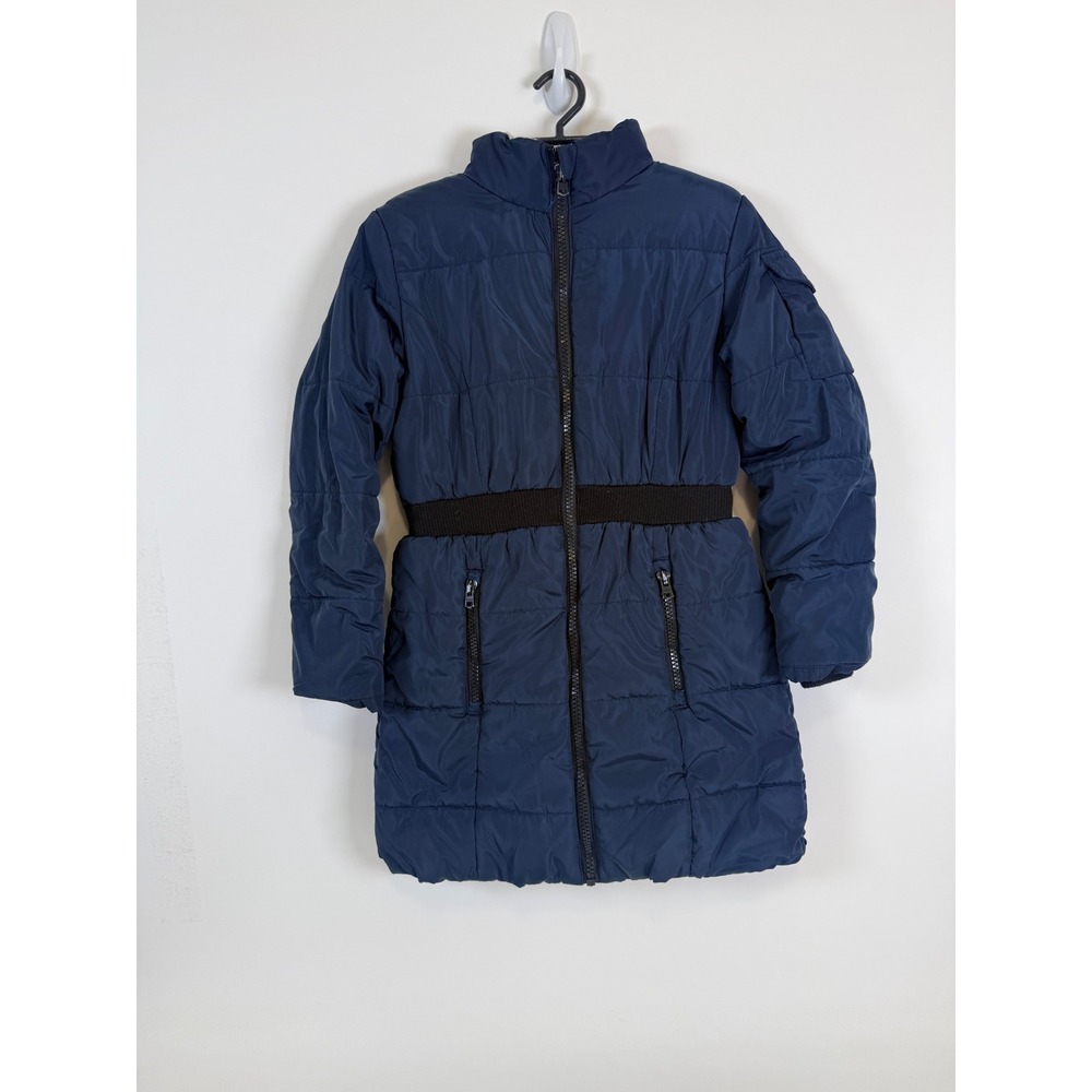 Hudson Jacket Girls Large 12/14 Quilted Long Puffer Fleece Lined Thumbhole Navy